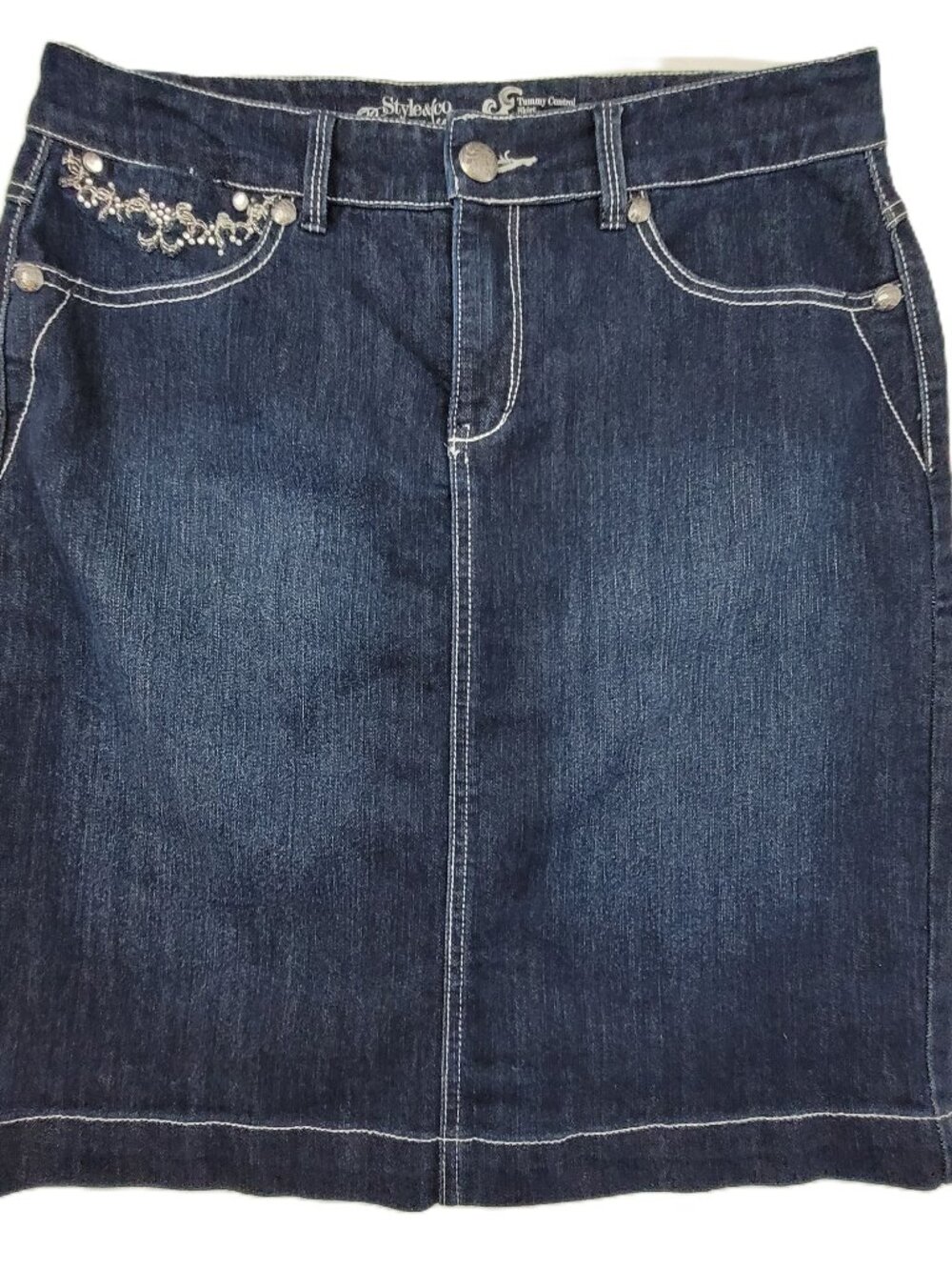 Style & Co Jean Skirt Women's 8 Blue Tummy Control Stretch Denim Embellished